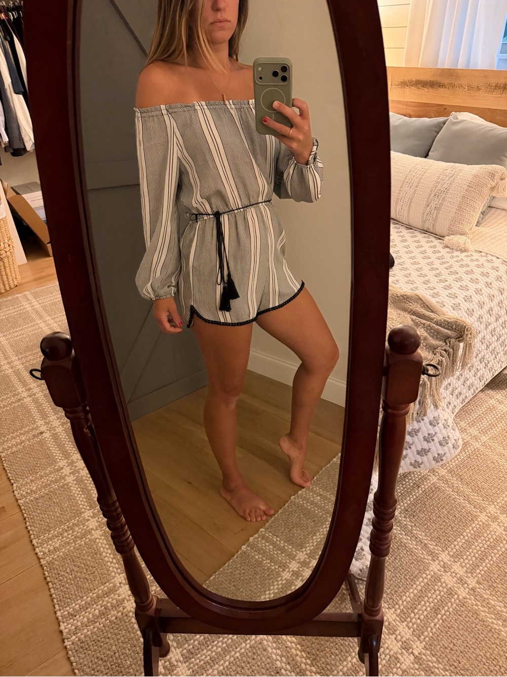 Ecote Off-the-Shoulder Striped Romper in Grey and White